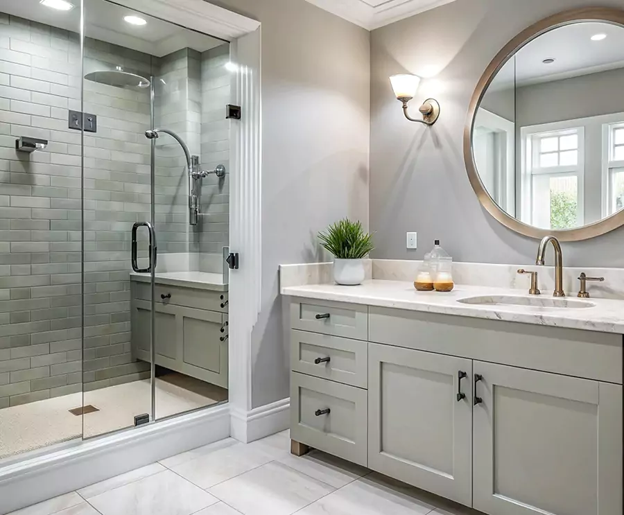 Grey vanity and round mirror